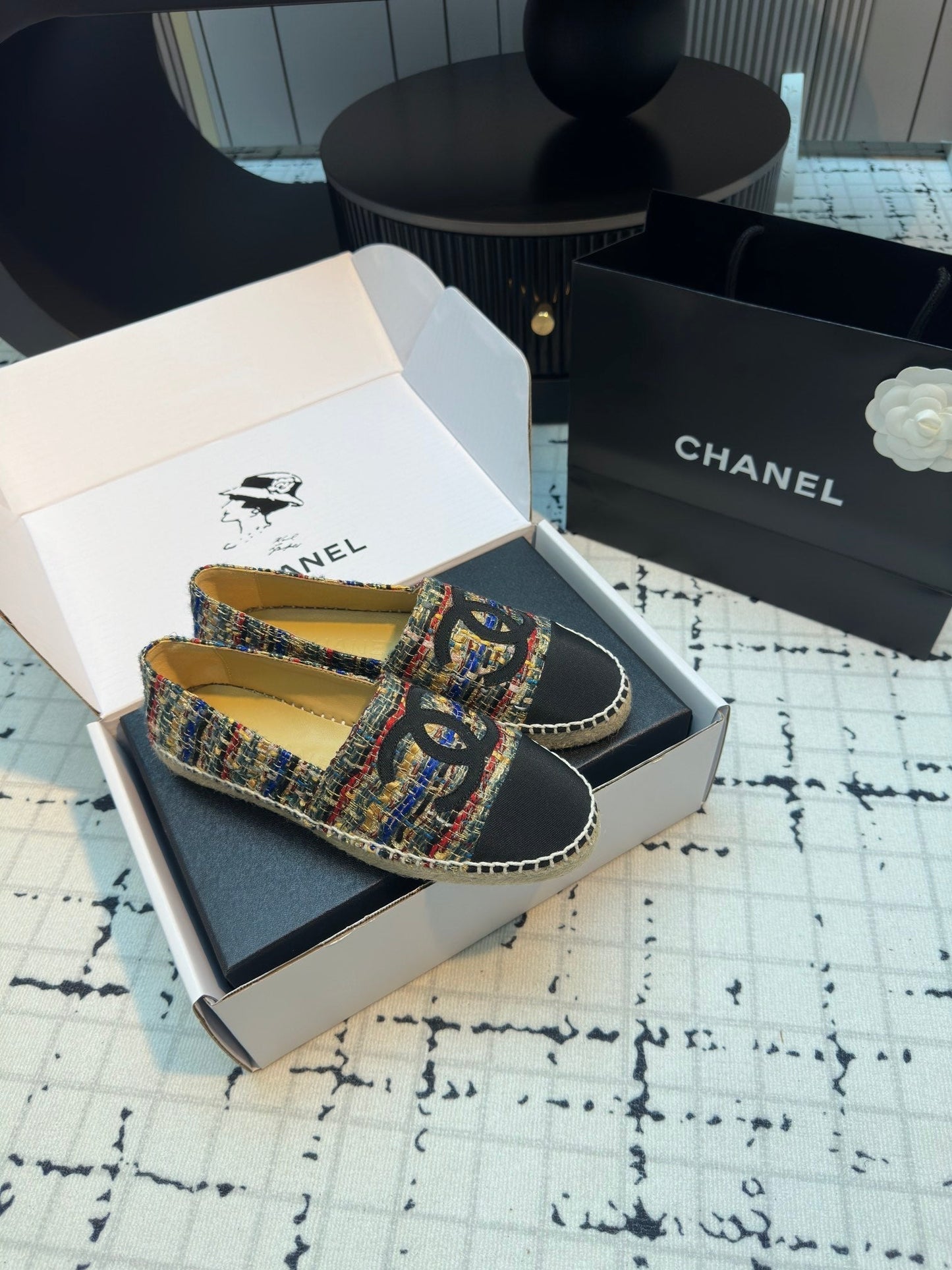 ESPADRILLES LOAFERS IN MULTICOLOR TWEED AND BLACK SATIN - 34
