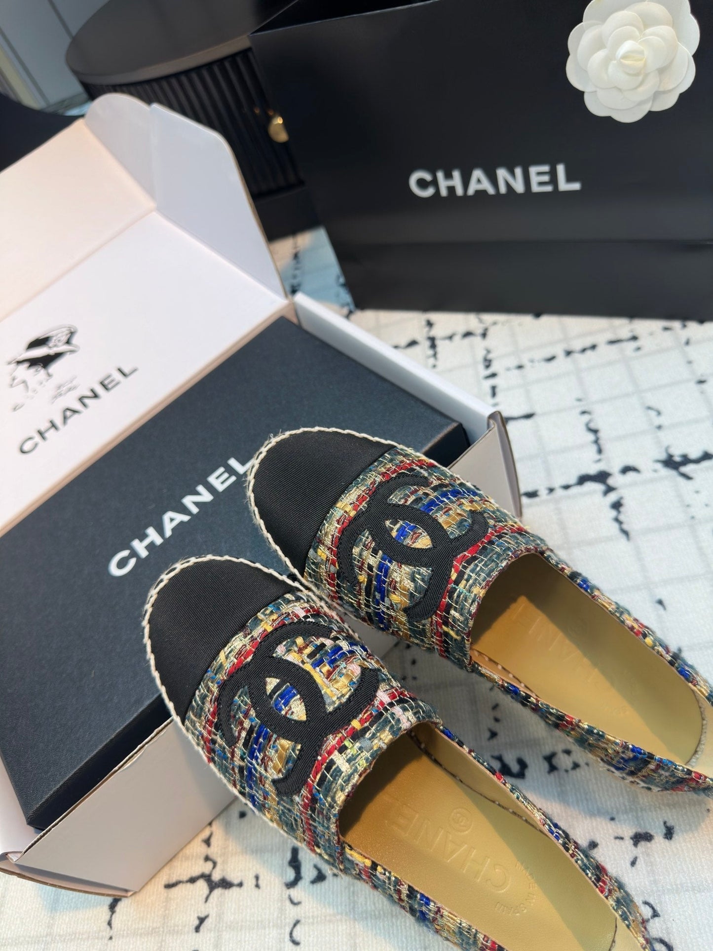 ESPADRILLES LOAFERS IN MULTICOLOR TWEED AND BLACK SATIN - 34