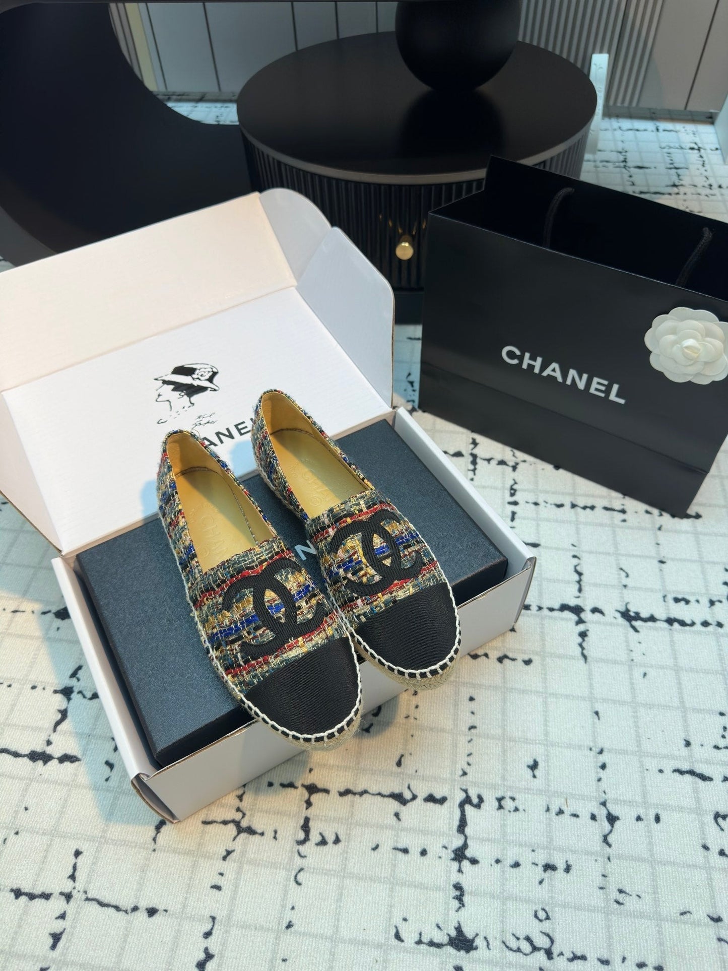 ESPADRILLES LOAFERS IN MULTICOLOR TWEED AND BLACK SATIN - 34