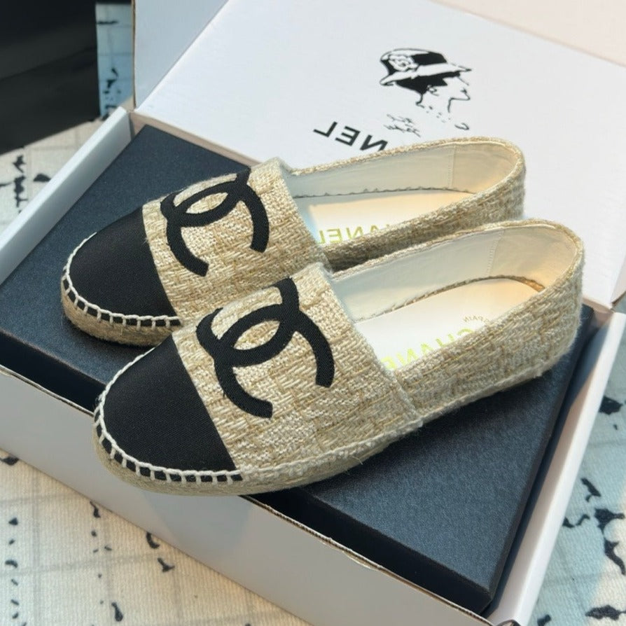 ESPADRILLES LOAFERS IN BEIGE TWEED AND BLACK SATIN - 34