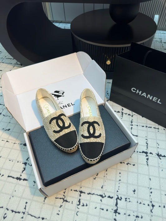ESPADRILLES LOAFERS IN BEIGE TWEED AND BLACK SATIN - 34