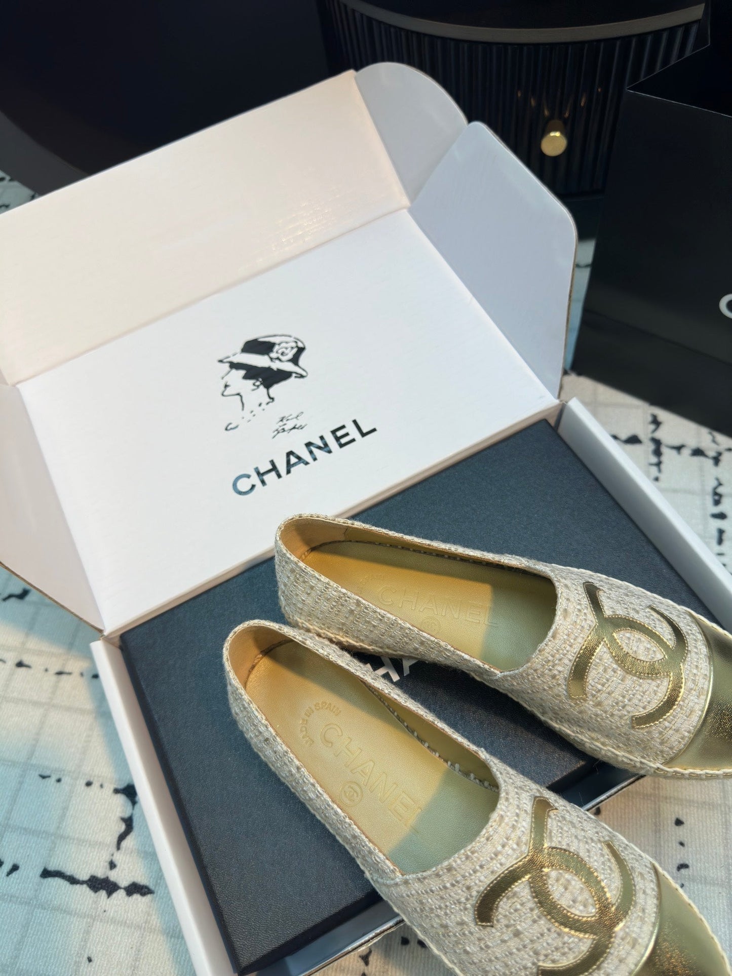 ESPADRILLES LOAFERS IN BEIGE TWEED AND GOLDEN LAMBSKIN - 34