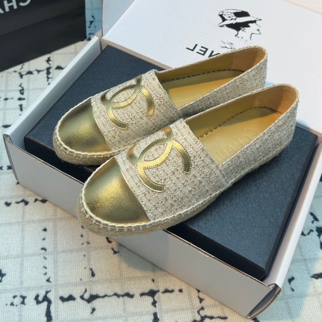 ESPADRILLES LOAFERS IN BEIGE TWEED AND GOLDEN LAMBSKIN - 34