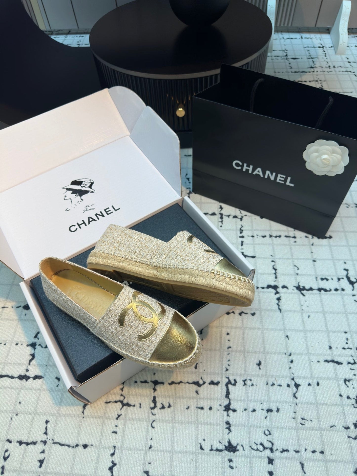 ESPADRILLES LOAFERS IN BEIGE TWEED AND GOLDEN LAMBSKIN - 34
