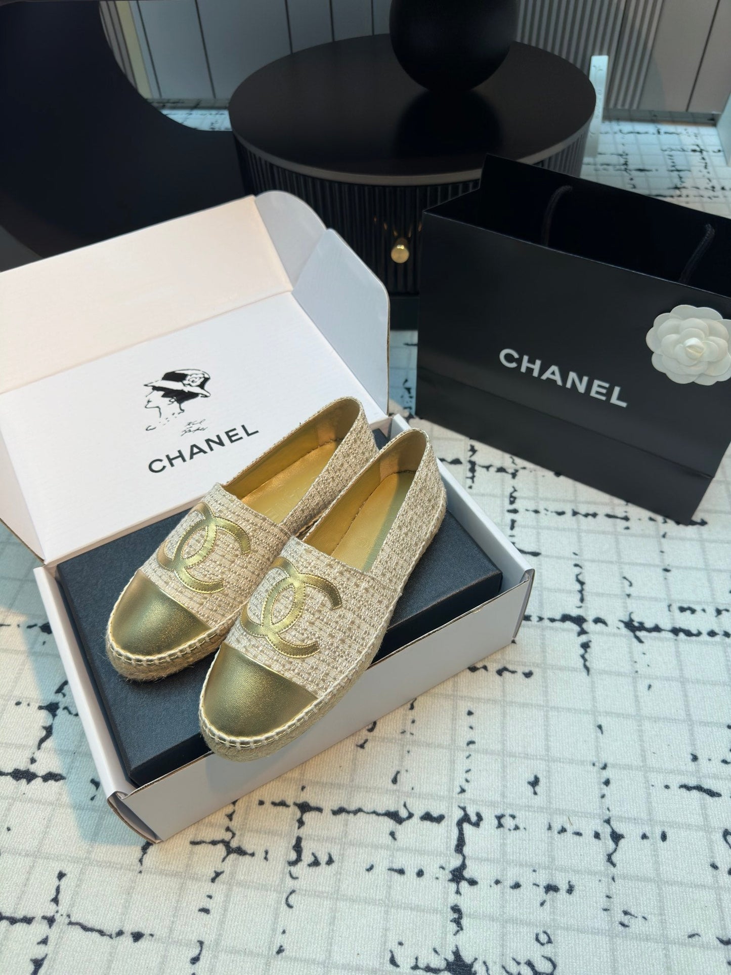 ESPADRILLES LOAFERS IN BEIGE TWEED AND GOLDEN LAMBSKIN - 34