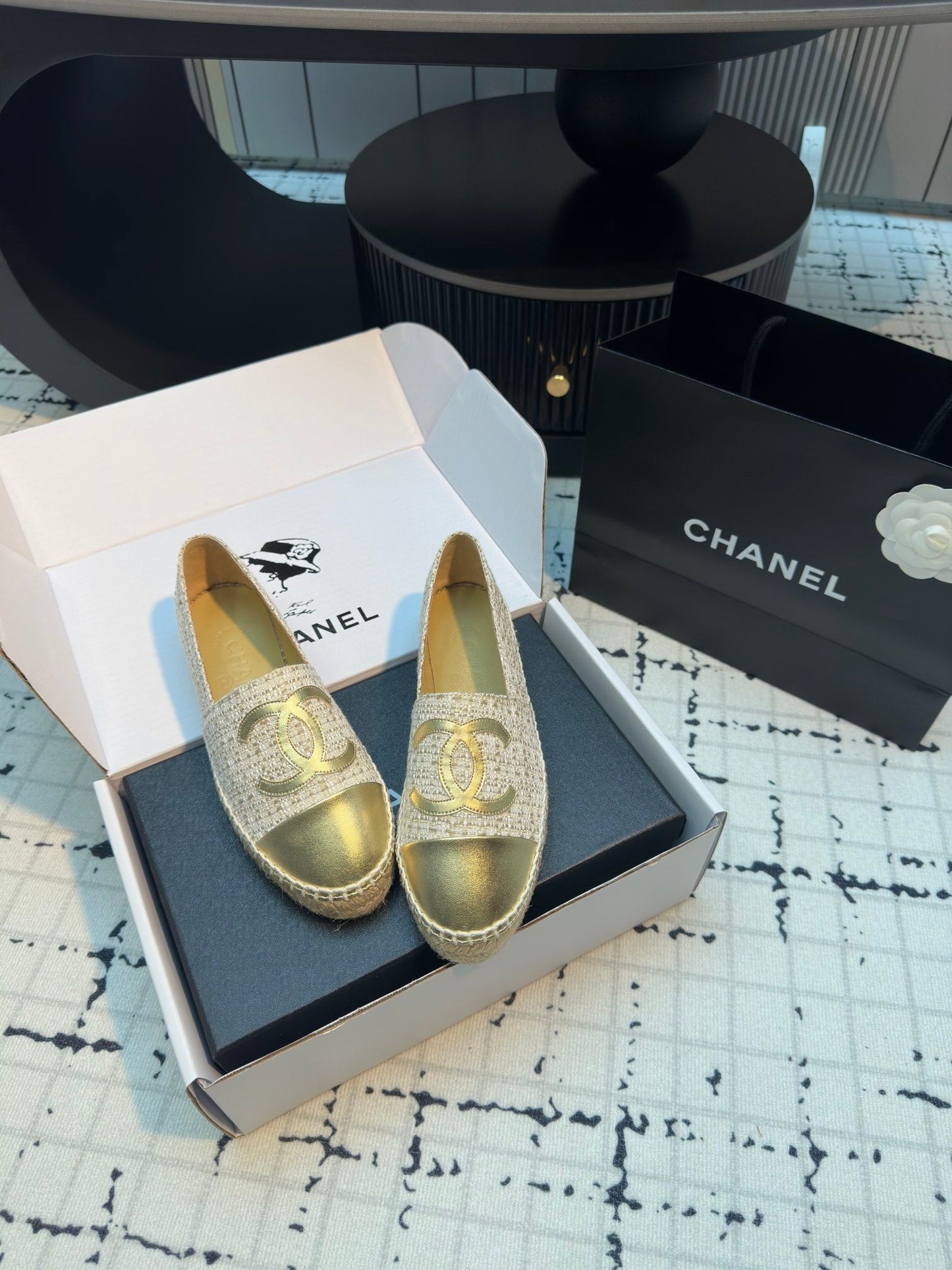 ESPADRILLES LOAFERS IN BEIGE TWEED AND GOLDEN LAMBSKIN - 34