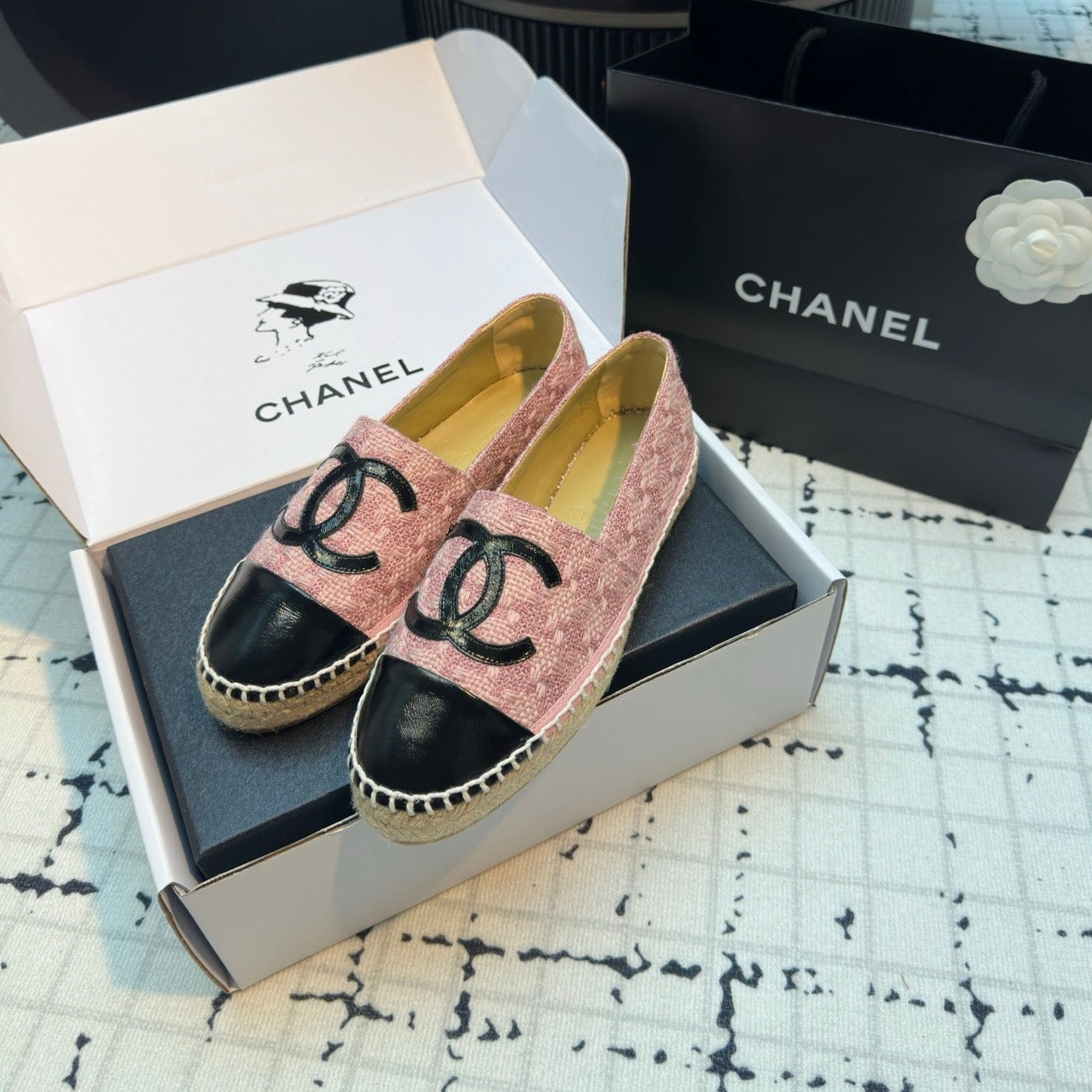 ESPADRILLES LOAFERS IN LIGHT PINK TWEED AND BLACK LAMBSKIN - 34