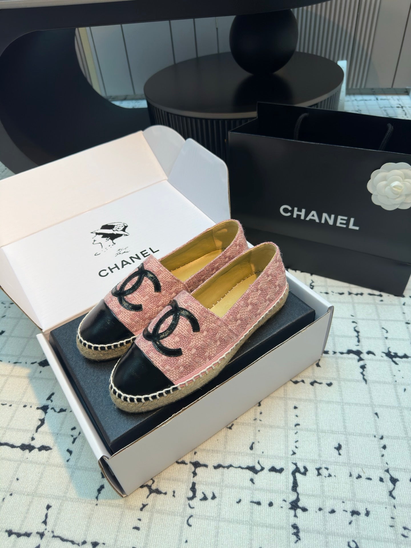 ESPADRILLES LOAFERS IN LIGHT PINK TWEED AND BLACK LAMBSKIN - 34