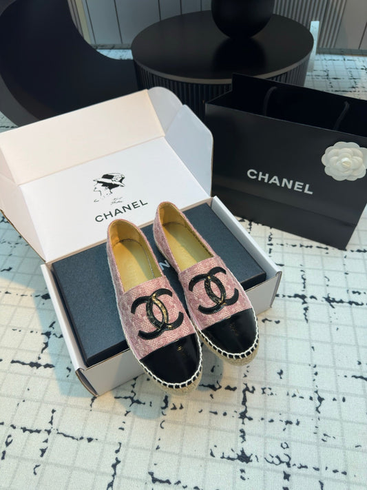 ESPADRILLES LOAFERS IN LIGHT PINK TWEED AND BLACK LAMBSKIN - 34