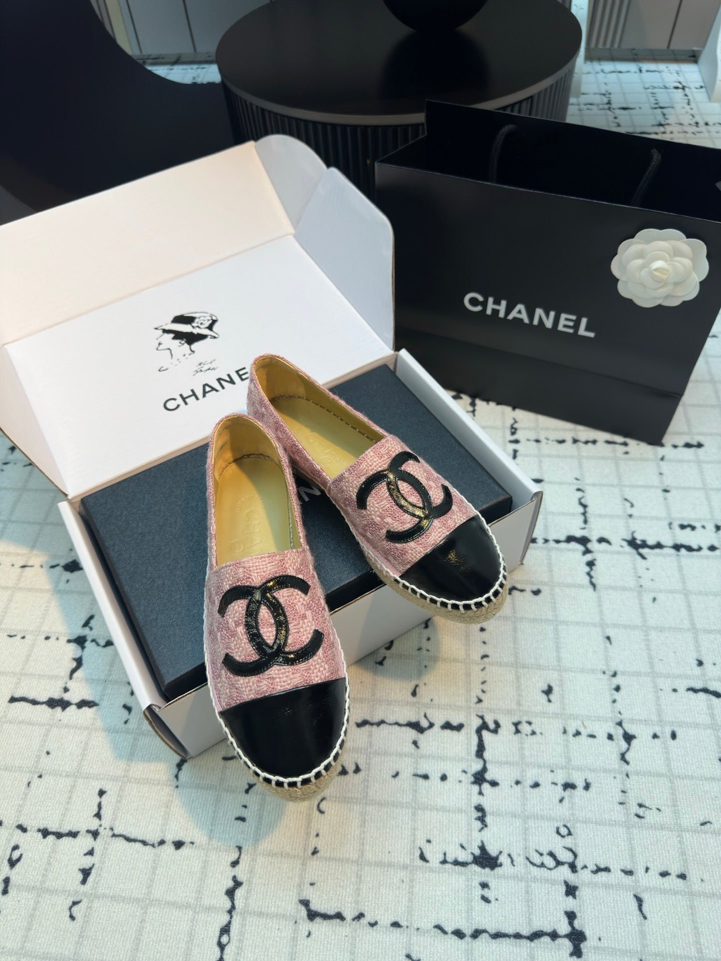 ESPADRILLES LOAFERS IN LIGHT PINK TWEED AND BLACK LAMBSKIN - 34