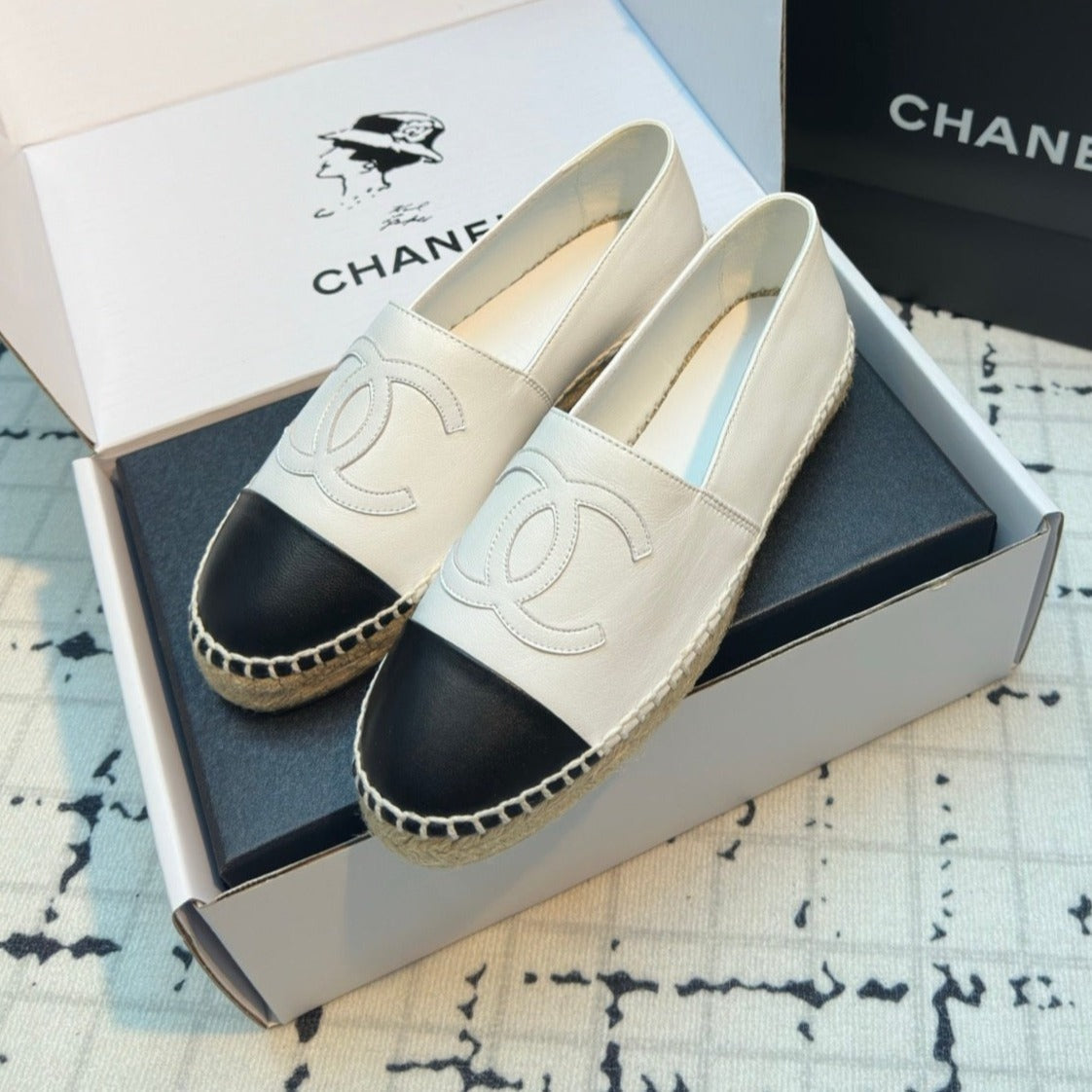 ESPADRILLES LOAFERS IN BLACK MIX WHITE LAMBSKIN - 34