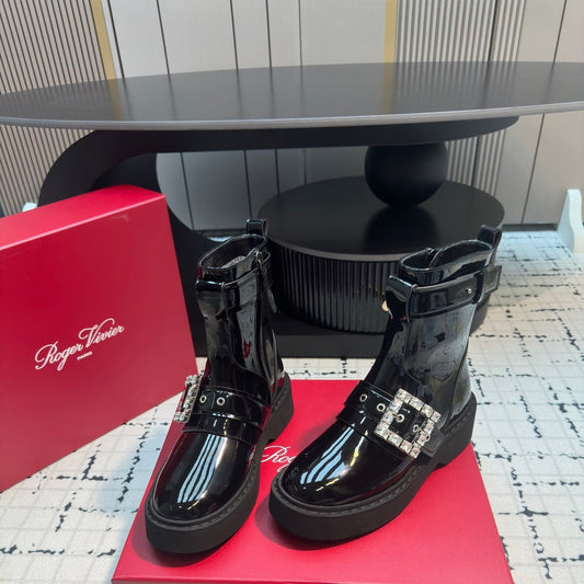 VIV' RANGERS BIKER BOOTIES IN BLACK PATENT CALFSKIN WITH METAL BUCKLE - 35