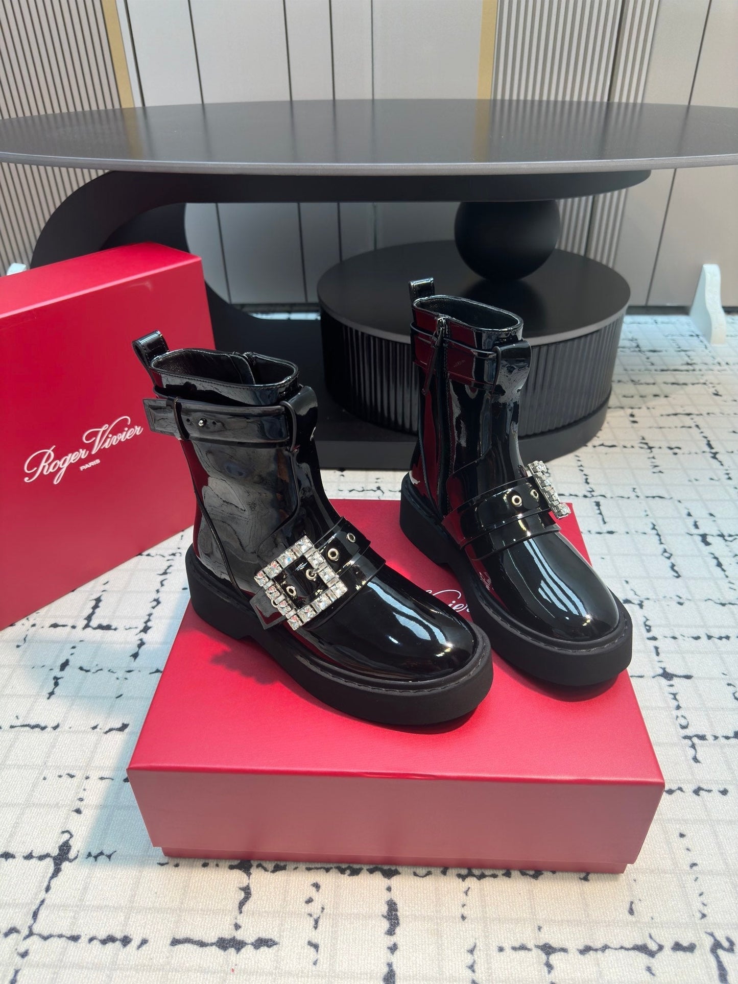 VIV' RANGERS BIKER BOOTIES IN BLACK PATENT CALFSKIN WITH METAL BUCKLE - 35