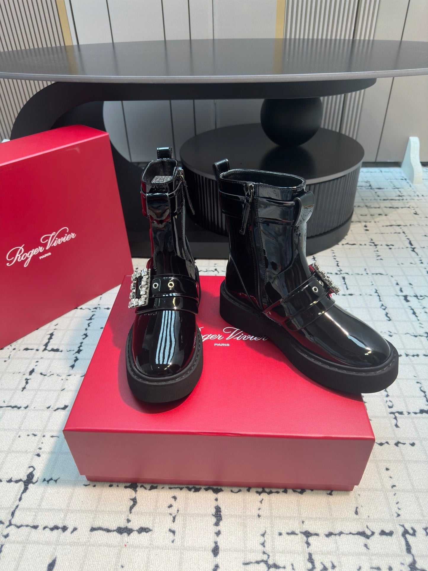 VIV' RANGERS BIKER BOOTIES IN BLACK PATENT CALFSKIN WITH METAL BUCKLE - 35