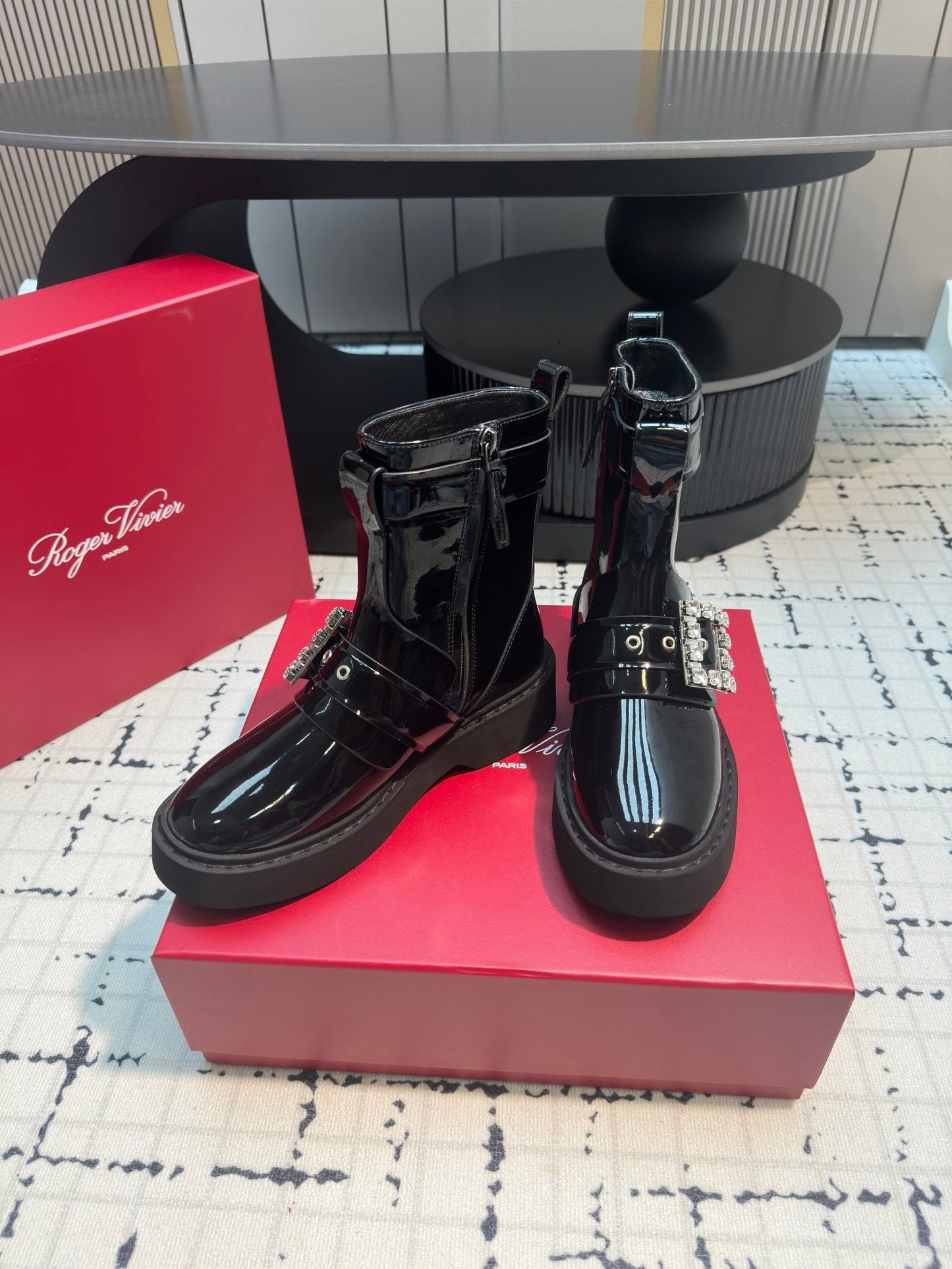 VIV' RANGERS BIKER BOOTIES IN BLACK PATENT CALFSKIN WITH METAL BUCKLE - 35