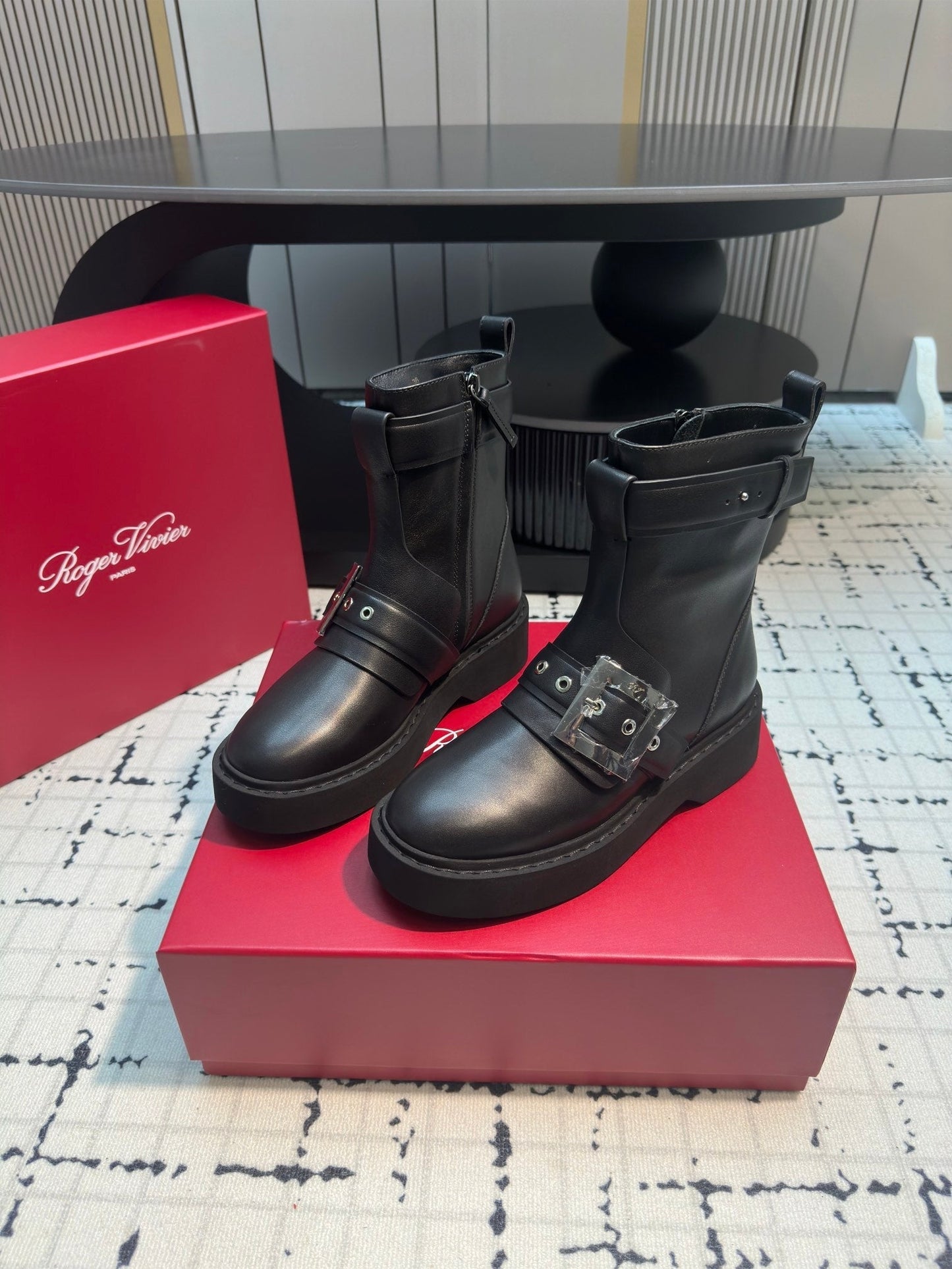 VIV' RANGERS BIKER BOOTIES IN BLACK CALFSKIN WITH METAL BUCKLE - 35