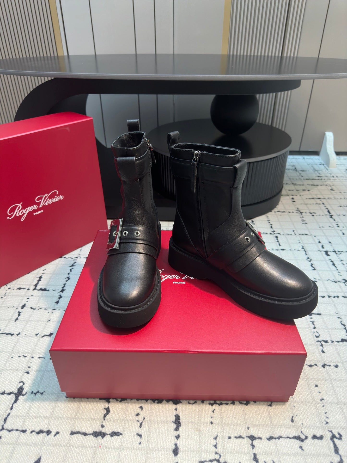 VIV' RANGERS BIKER BOOTIES IN BLACK CALFSKIN WITH METAL BUCKLE - 35