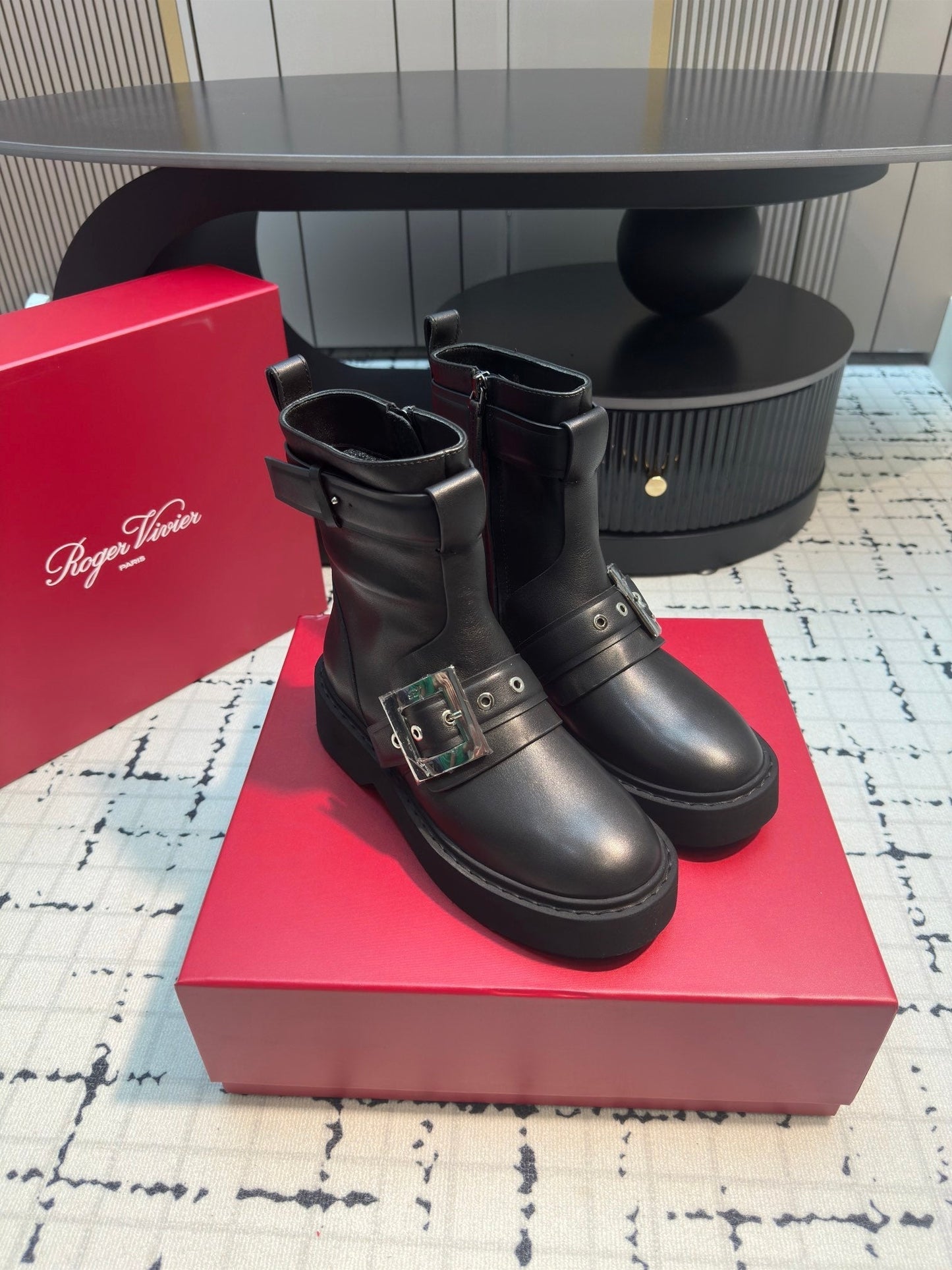 VIV' RANGERS BIKER BOOTIES IN BLACK CALFSKIN WITH METAL BUCKLE - 35
