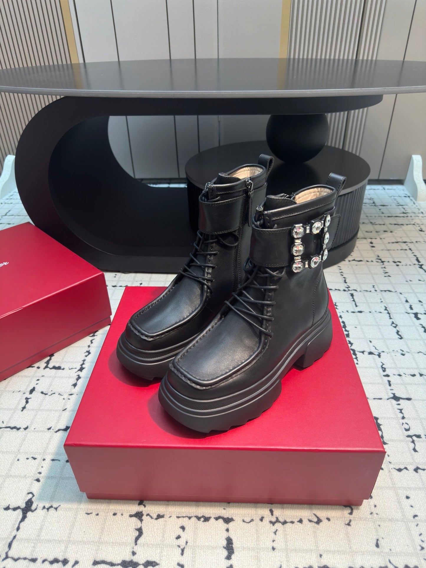 VIV' RANGERS ANKLE BOOTS IN BLACK CALFSKIN STRASS BUCKLE - 35