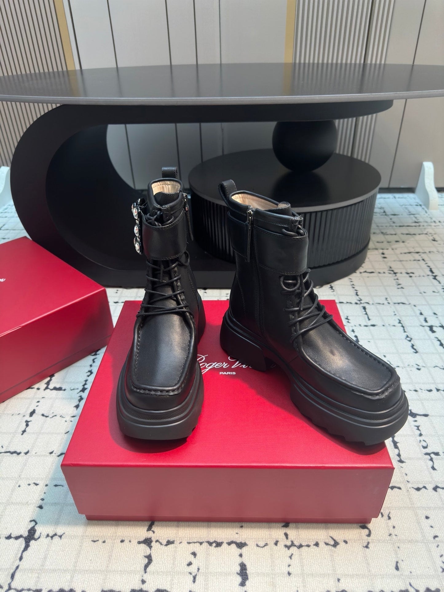 VIV' RANGERS ANKLE BOOTS IN BLACK CALFSKIN STRASS BUCKLE - 35