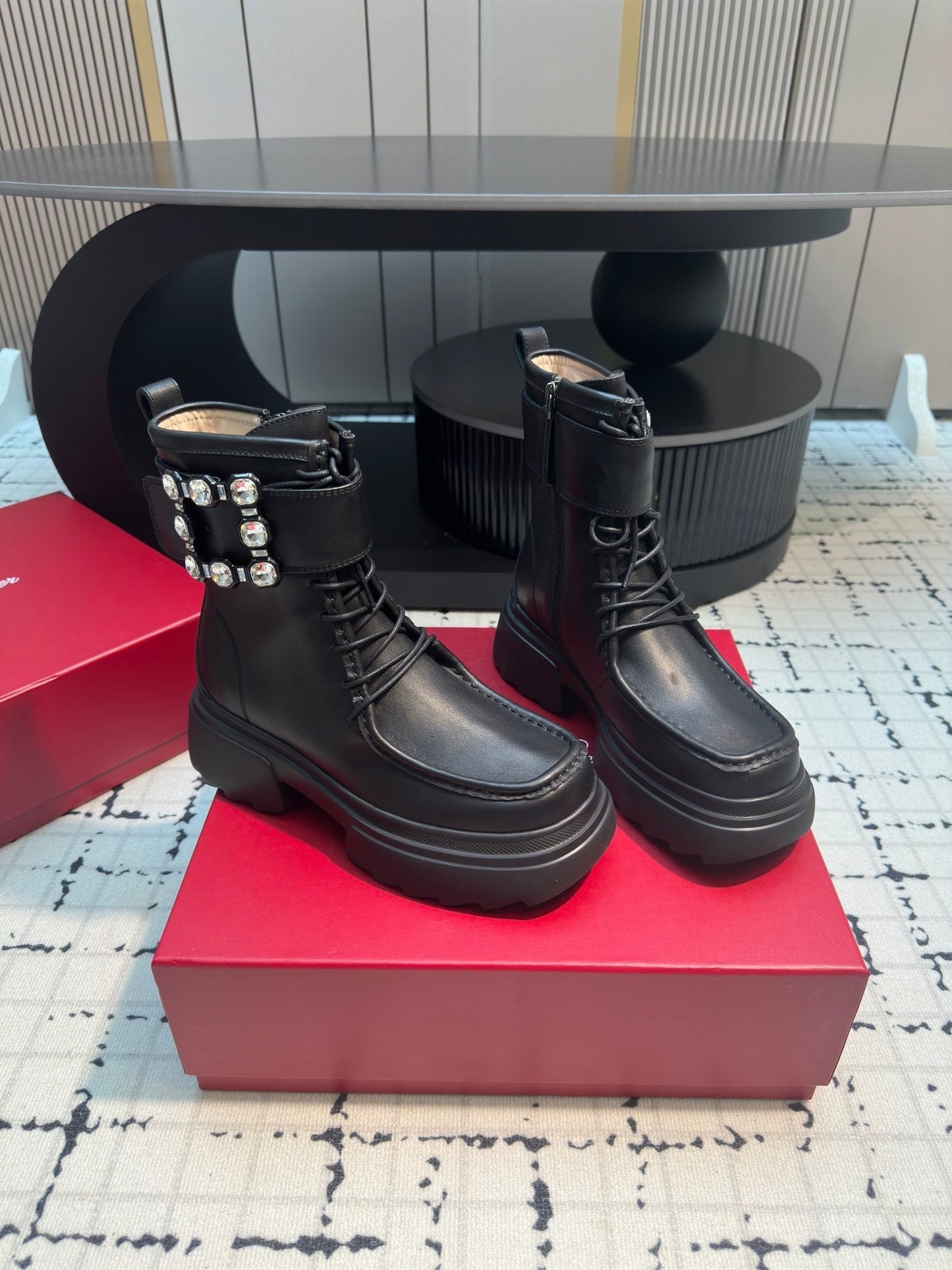VIV' RANGERS ANKLE BOOTS IN BLACK CALFSKIN STRASS BUCKLE - 35