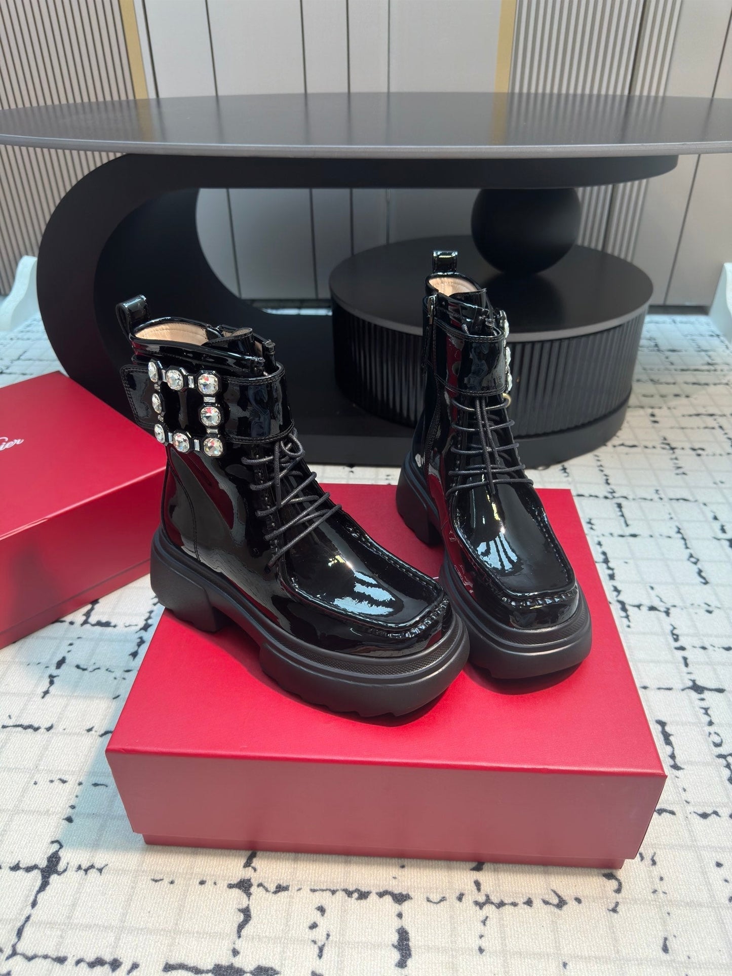 VIV' RANGERS ANKLE BOOTS IN BLACK PATENT LAMBSKIN STRASS BUCKLE - 35