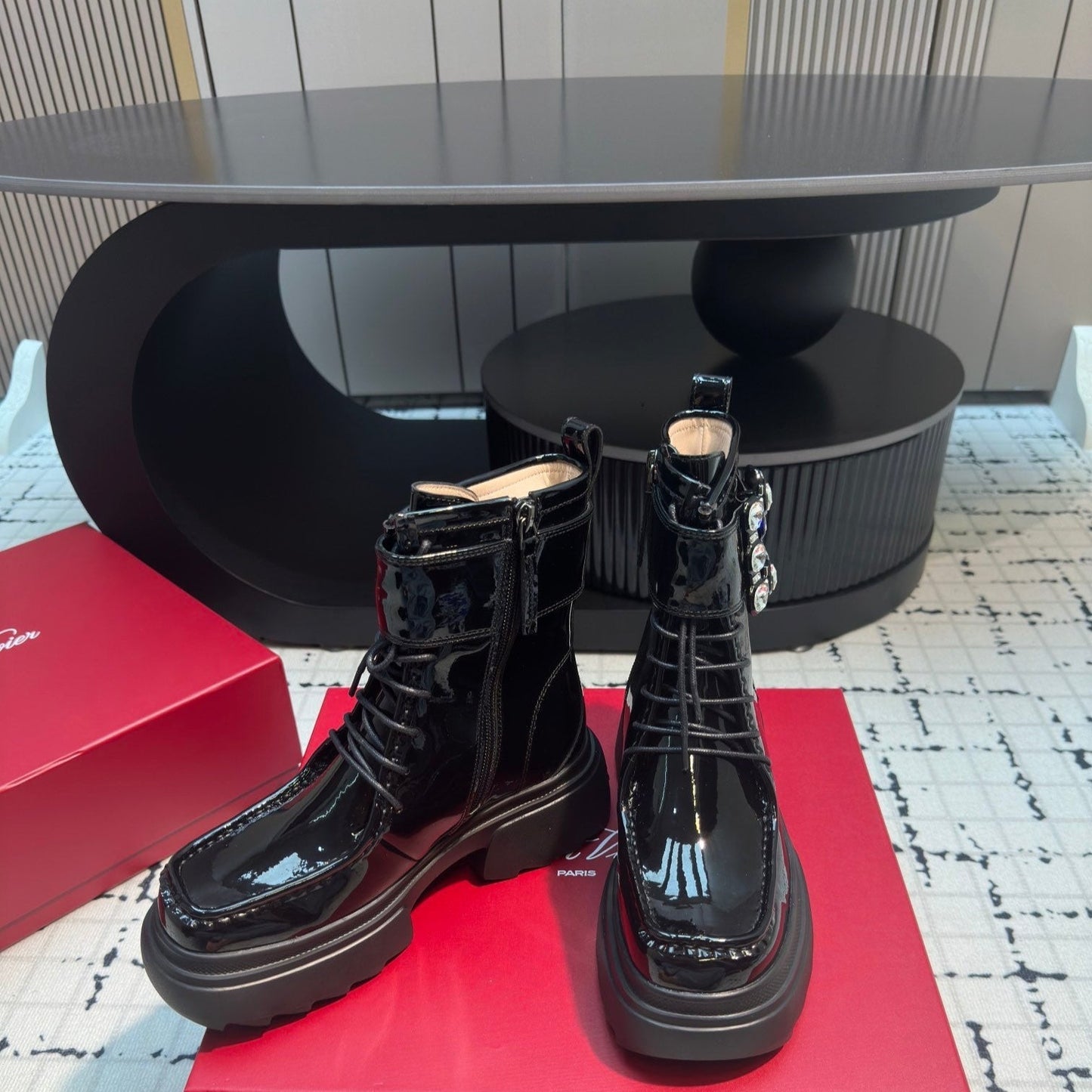 VIV' RANGERS ANKLE BOOTS IN BLACK PATENT LAMBSKIN STRASS BUCKLE - 35