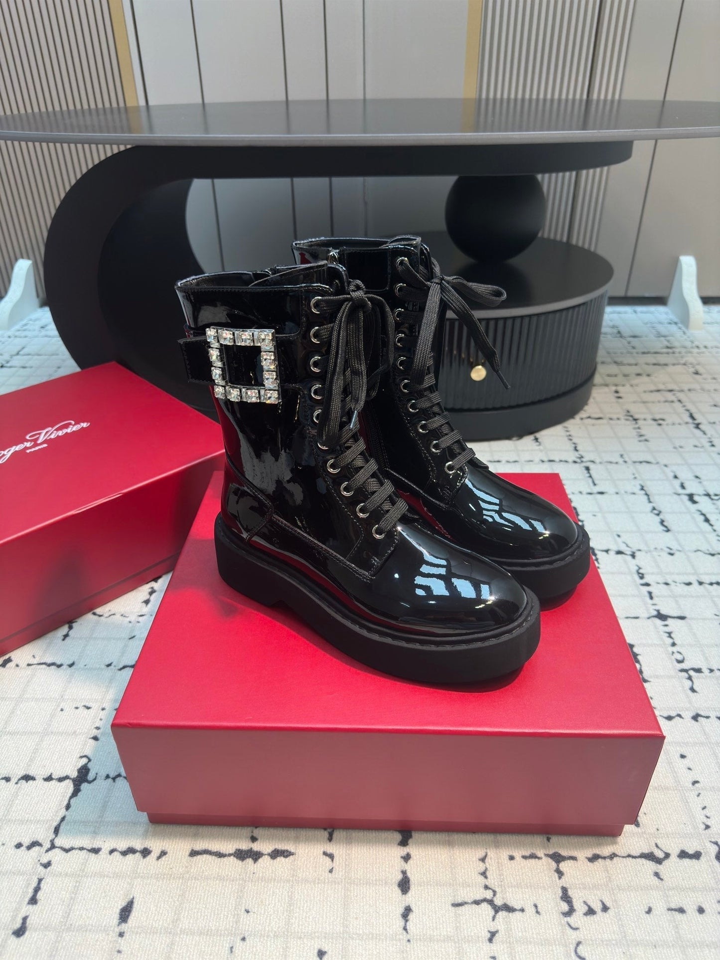 VIV' RANGERS STRASS BUCKLE BOOTS IN BLACK PATNET CALFSKIN EMBELLISHED BUCKLE - 35