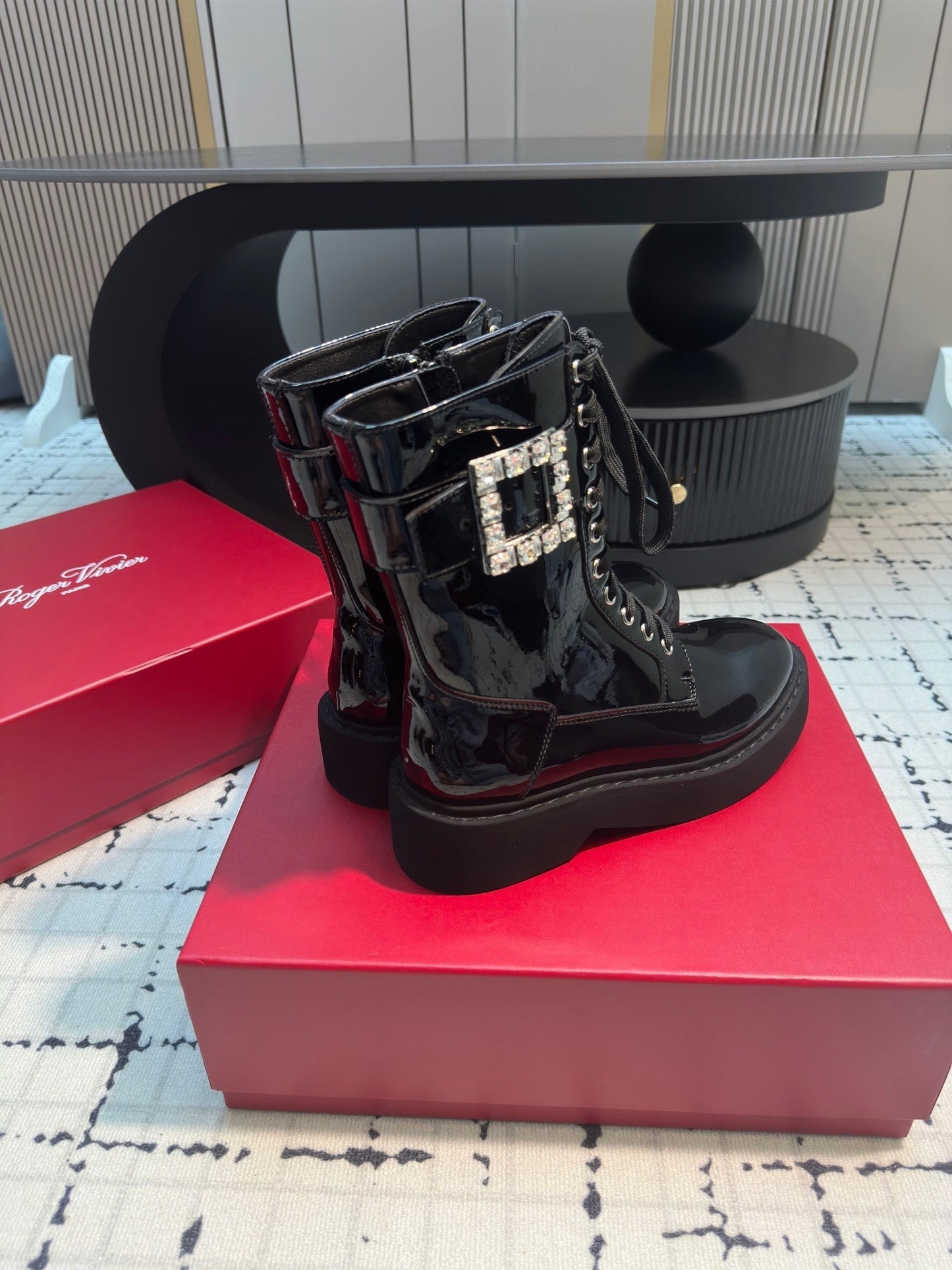 VIV' RANGERS STRASS BUCKLE BOOTS IN BLACK PATNET CALFSKIN EMBELLISHED BUCKLE - 35