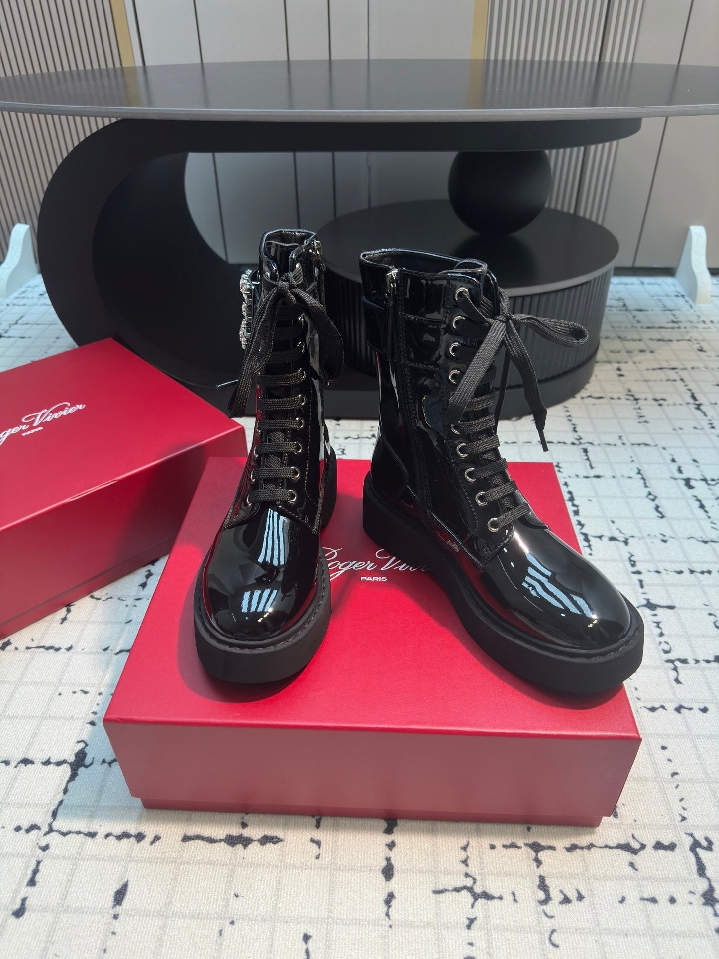 VIV' RANGERS STRASS BUCKLE BOOTS IN BLACK PATNET CALFSKIN EMBELLISHED BUCKLE - 35