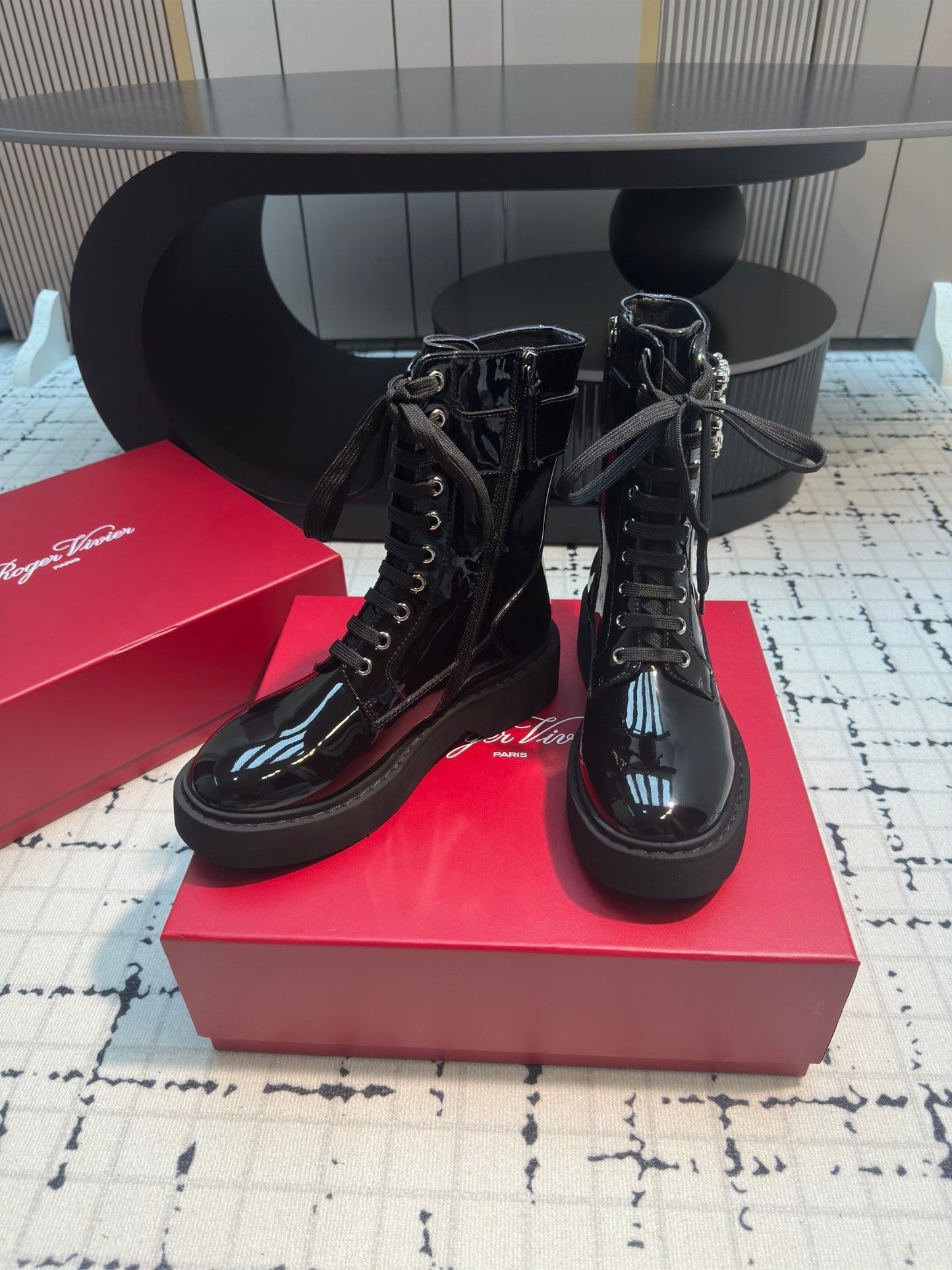 VIV' RANGERS STRASS BUCKLE BOOTS IN BLACK PATNET CALFSKIN EMBELLISHED BUCKLE - 35