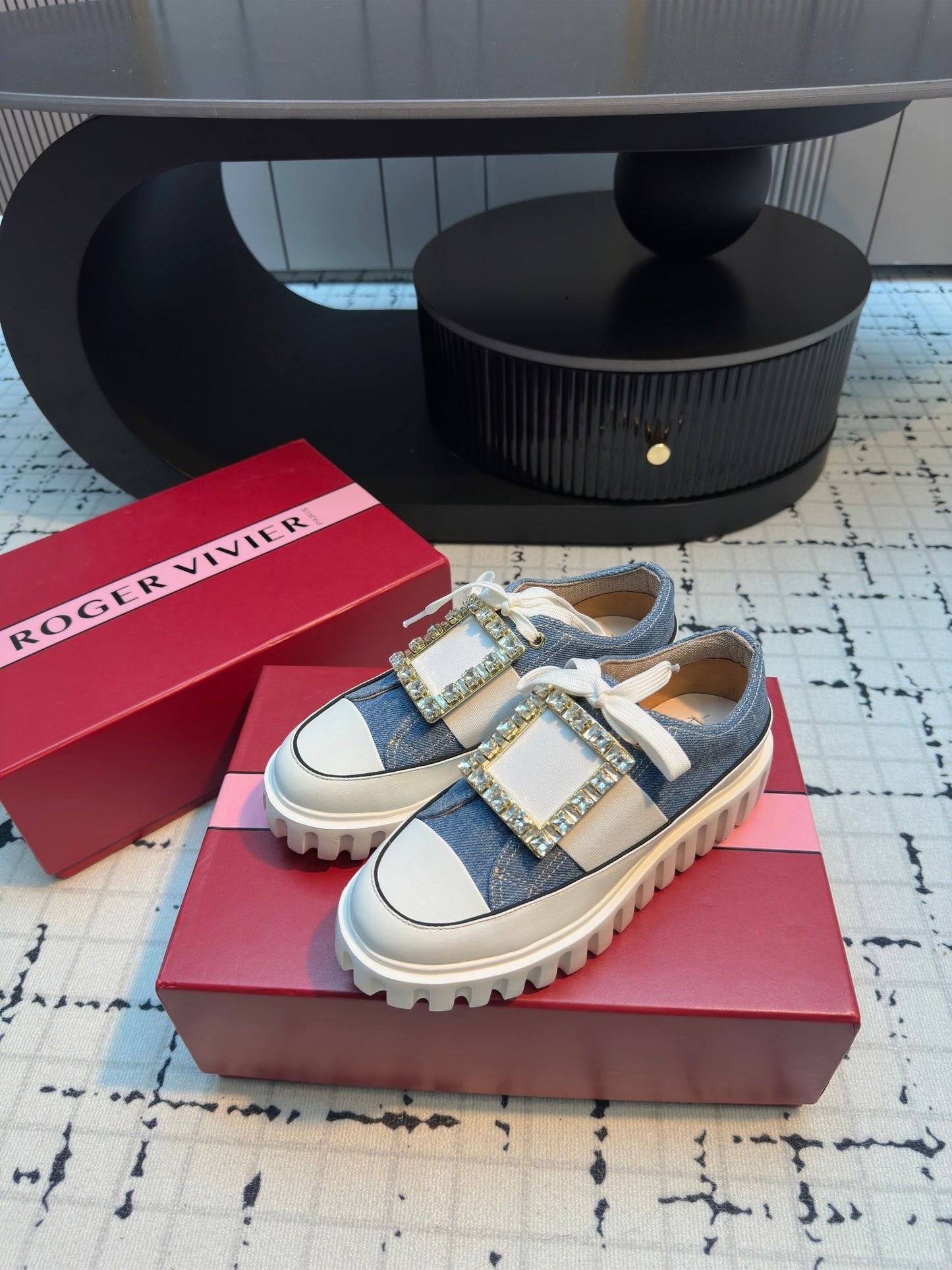 VIV' GO-THICK STRASS BUCKLE SLIP-ON SNEAKERS IN BLUE DENIM - 35