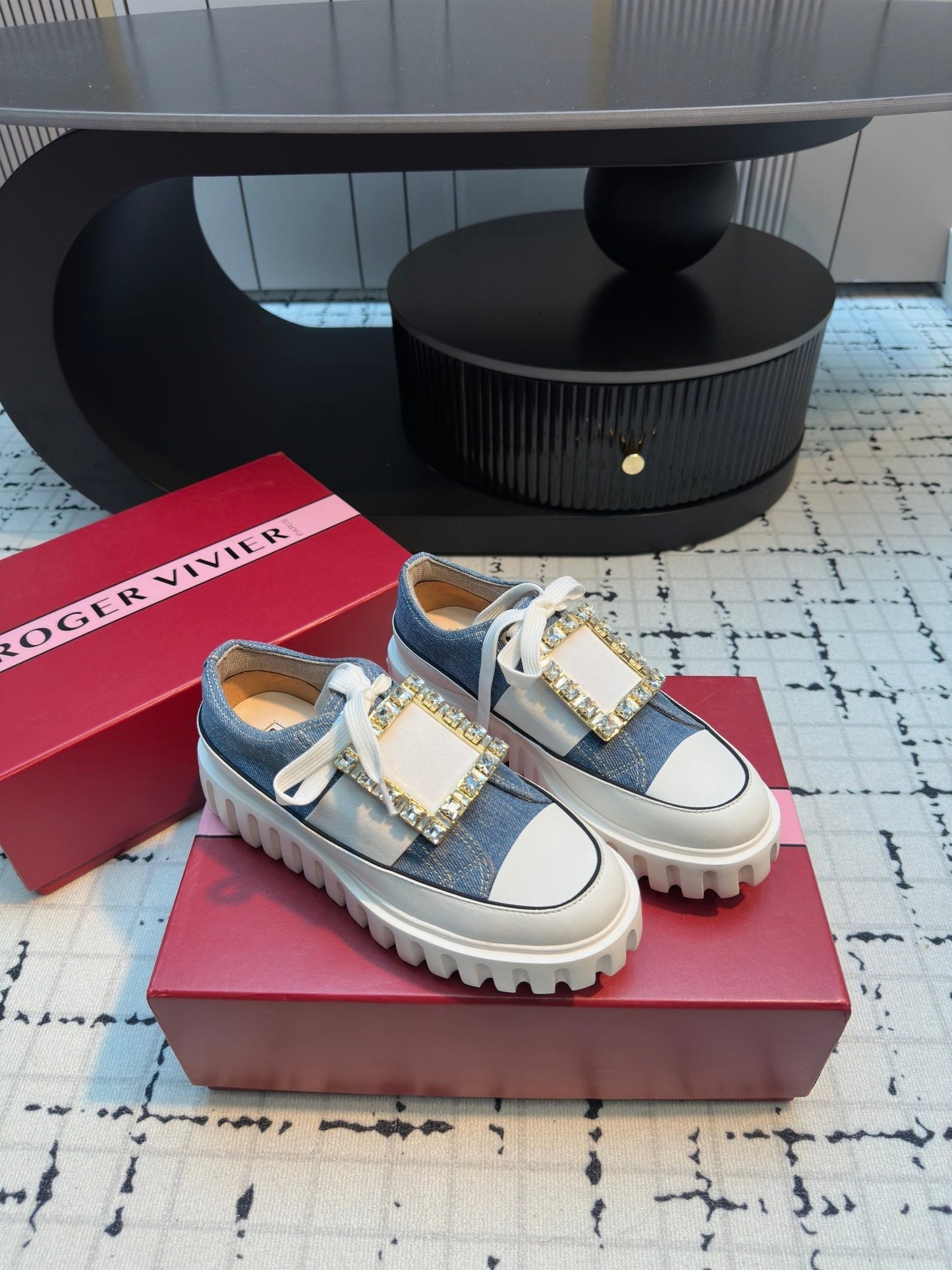 VIV' GO-THICK STRASS BUCKLE SLIP-ON SNEAKERS IN BLUE DENIM - 35
