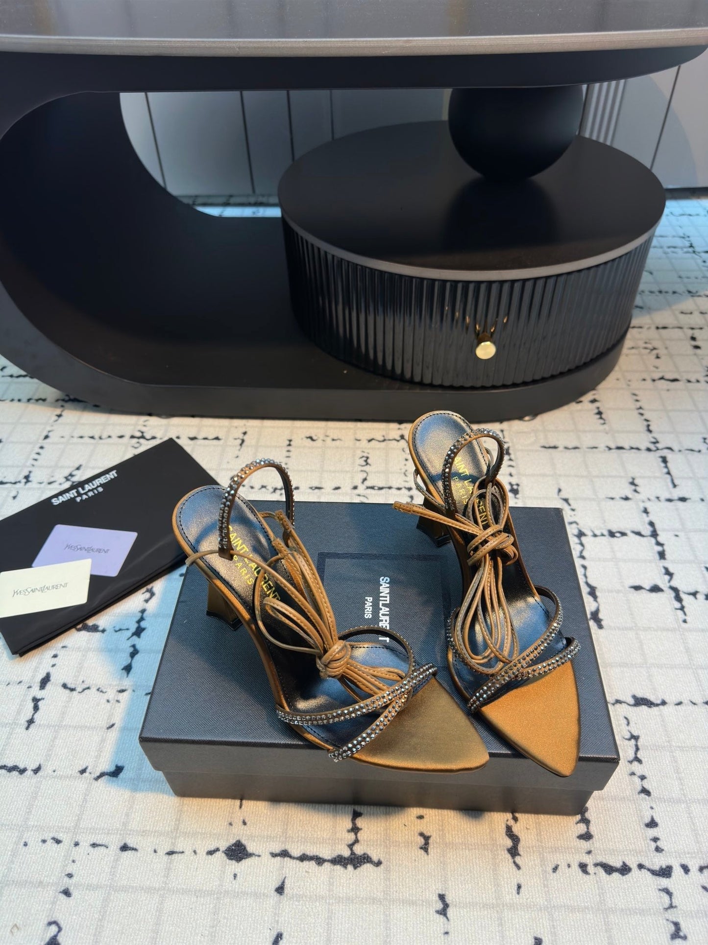 HIGH HEEL SANDALS WITH SHINY RHINESTONES STRAP IN GOLDEN BROWN SILK - 35