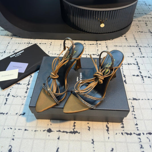 HIGH HEEL SANDALS WITH SHINY RHINESTONES STRAP IN GOLDEN BROWN SILK - 35