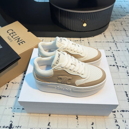 TRIOMPHE PLATFORM SNEAKERS IN WHITE AND BEIGE CALFSKIN EMBOSSED LOGO - 35