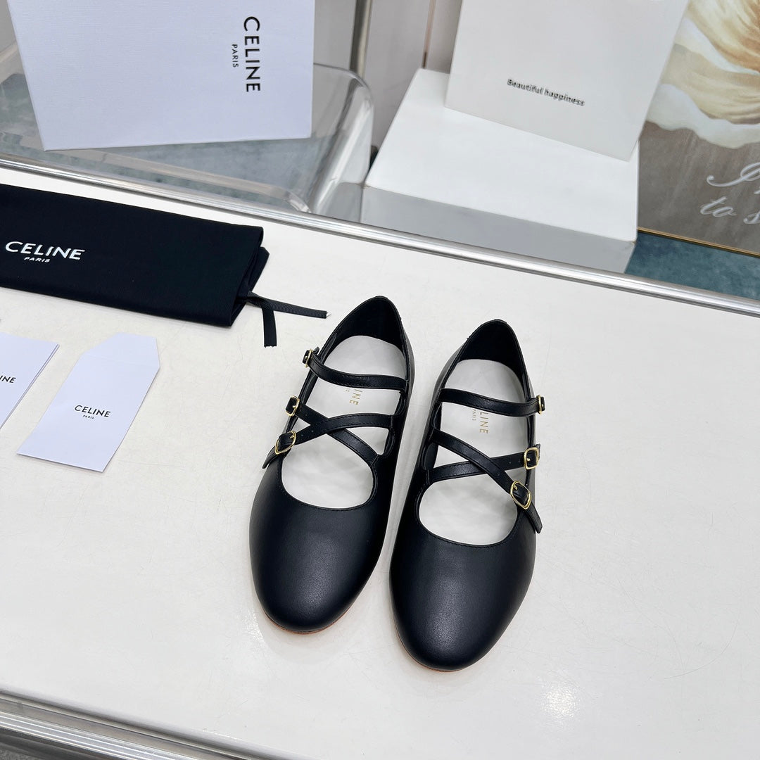 BALLET FLAT WITH CROSSOVER STRAP IN BLACK LAMBSKIN - 35