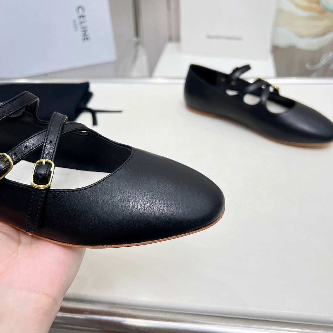 BALLET FLAT WITH CROSSOVER STRAP IN BLACK LAMBSKIN - 35