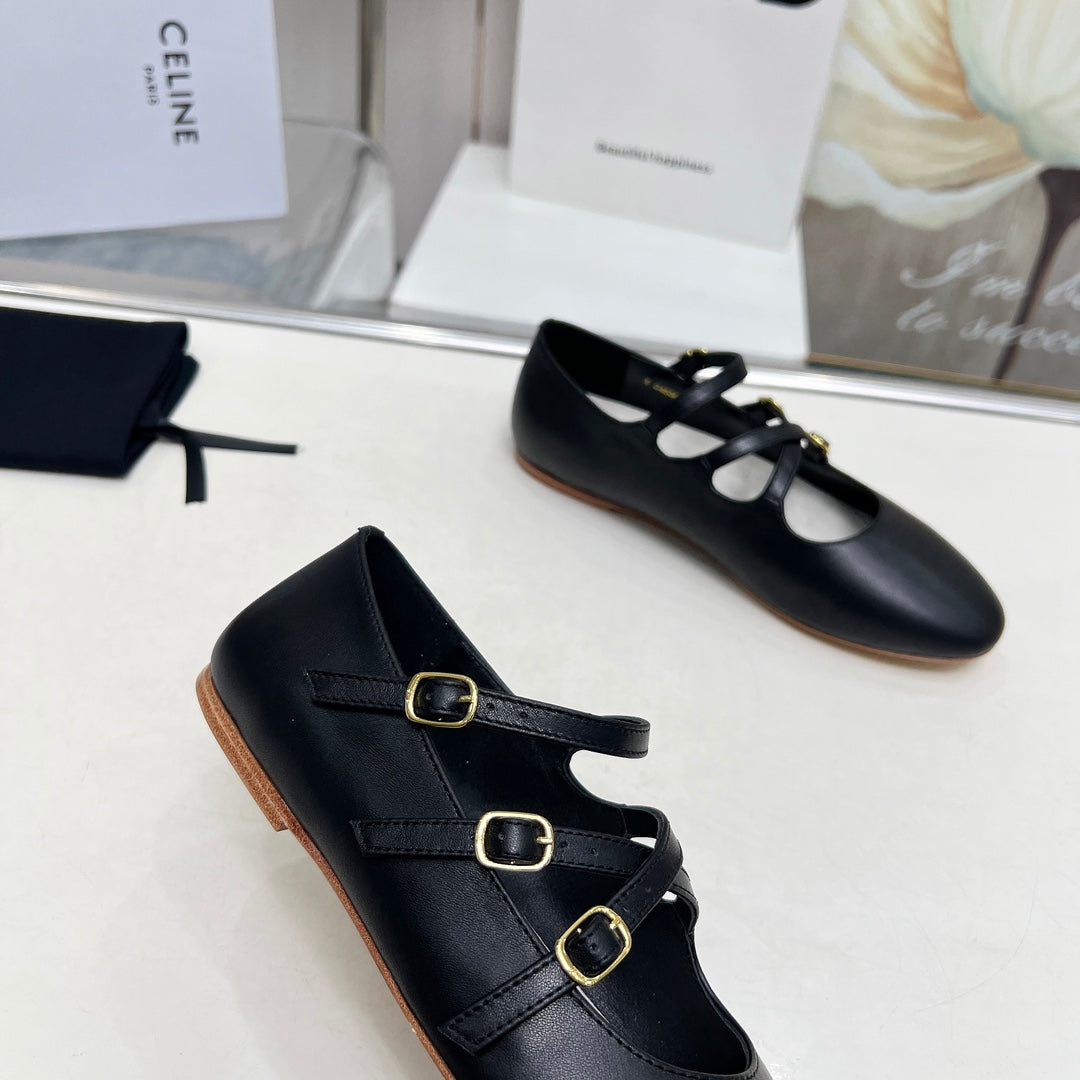 BALLET FLAT WITH CROSSOVER STRAP IN BLACK LAMBSKIN - 35