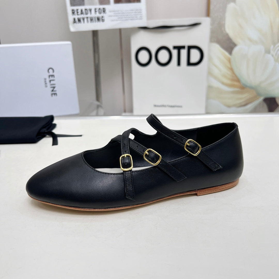 BALLET FLAT WITH CROSSOVER STRAP IN BLACK LAMBSKIN - 35