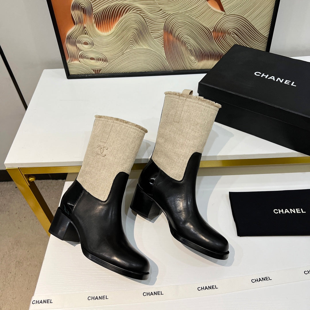 HIGH BOOTS 5.5 CM IN BLACK LAMBSKIN AND BEIGE FABRIC - 35