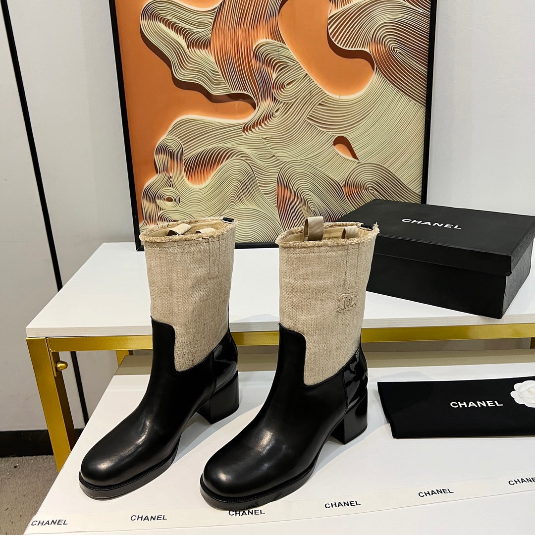 HIGH BOOTS 5.5 CM IN BLACK LAMBSKIN AND BEIGE FABRIC - 35
