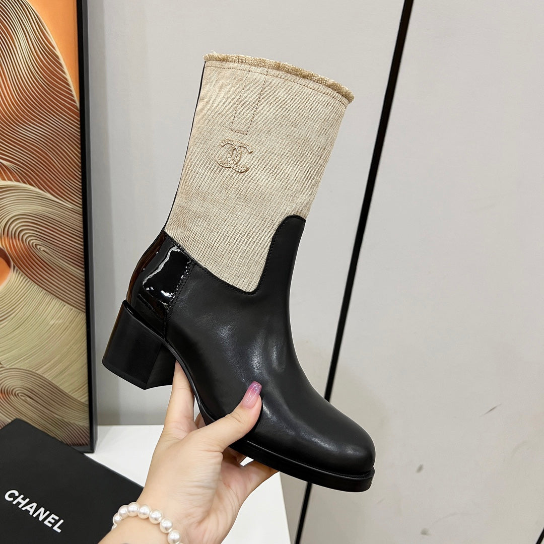 HIGH BOOTS 5.5 CM IN BLACK LAMBSKIN AND BEIGE FABRIC - 35