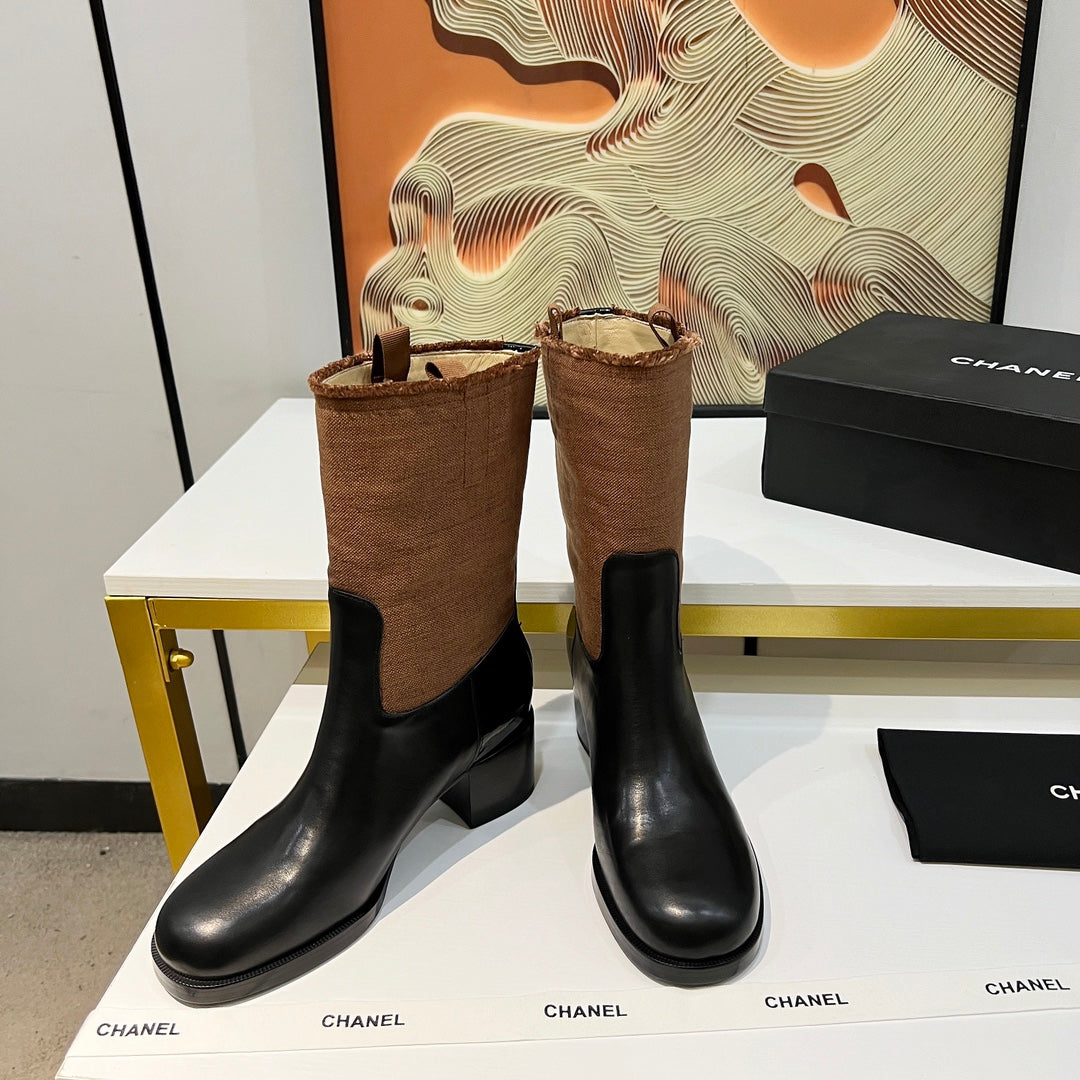HIGH BOOTS 5.5 CM IN BLACK LAMBSKIN AND CHOCOLATE BROWN FABRIC - 35