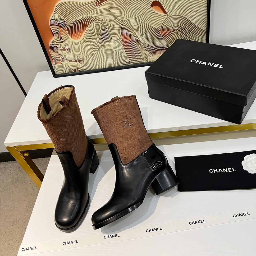 HIGH BOOTS 5.5 CM IN BLACK LAMBSKIN AND CHOCOLATE BROWN FABRIC - 35