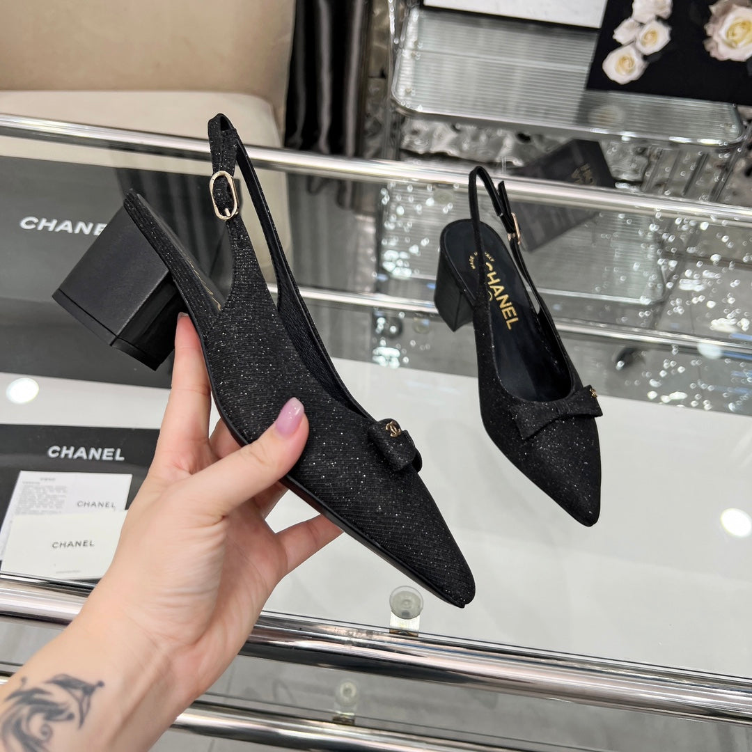 CHANEL 25S SANDALS WITH A BOW 60MM IN SPARKLING BLACK CANVAS - 35