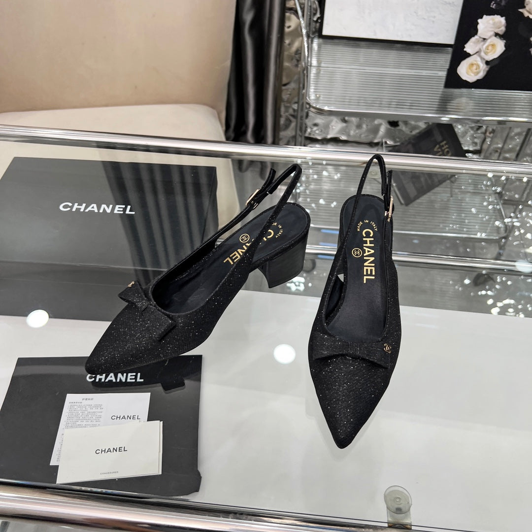 CHANEL 25S SANDALS WITH A BOW 60MM IN SPARKLING BLACK CANVAS - 35