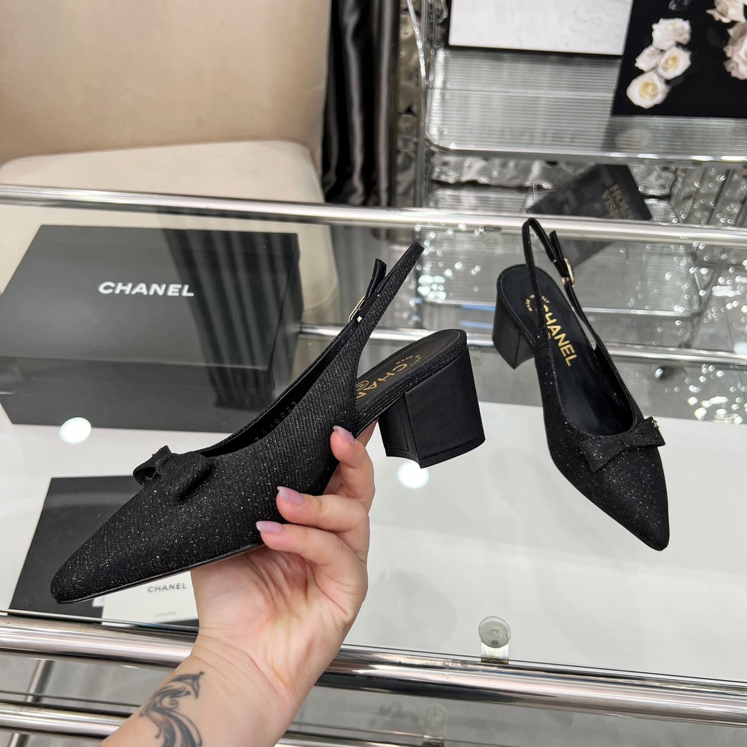 CHANEL 25S SANDALS WITH A BOW 60MM IN SPARKLING BLACK CANVAS - 35