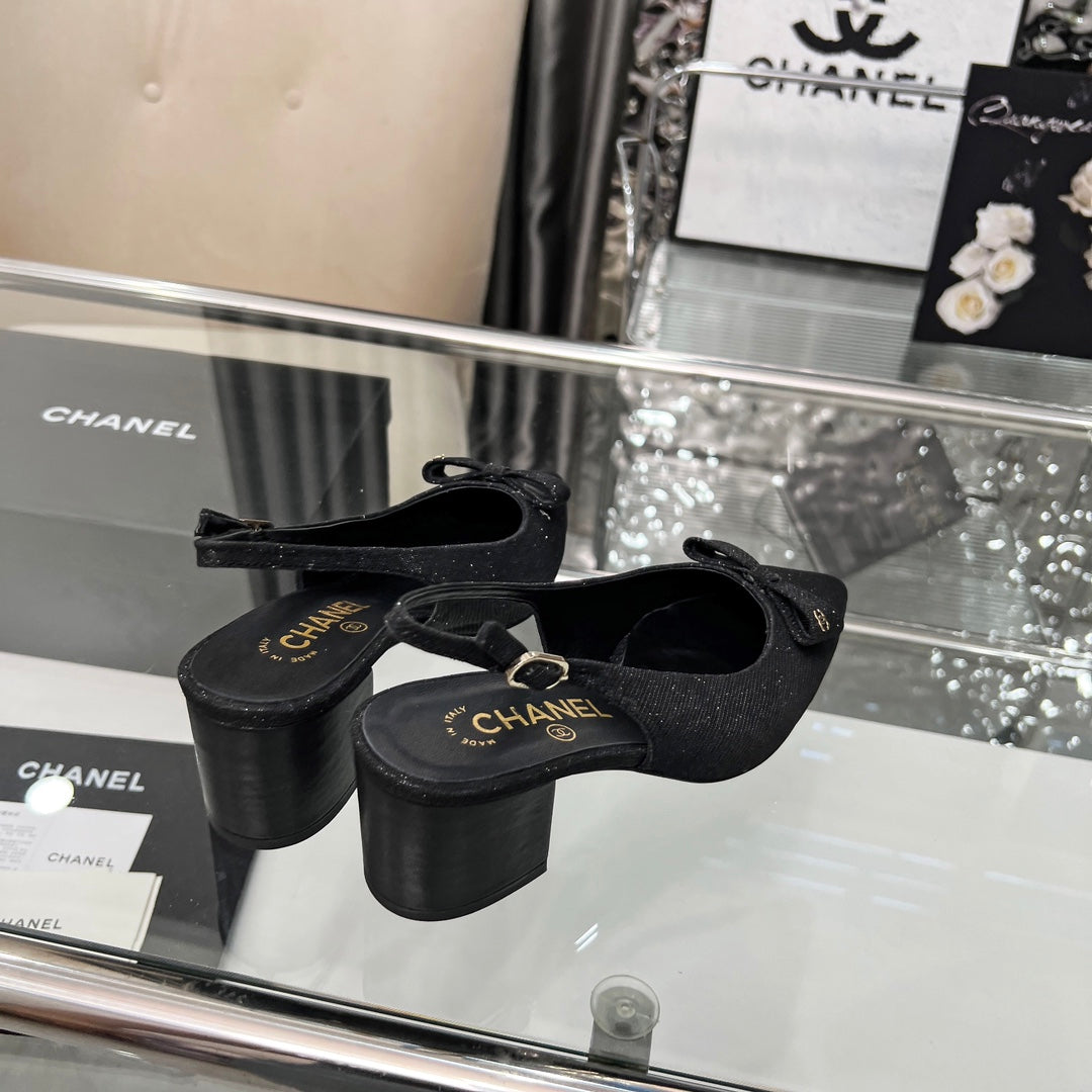 CHANEL 25S SANDALS WITH A BOW 60MM IN SPARKLING BLACK CANVAS - 35