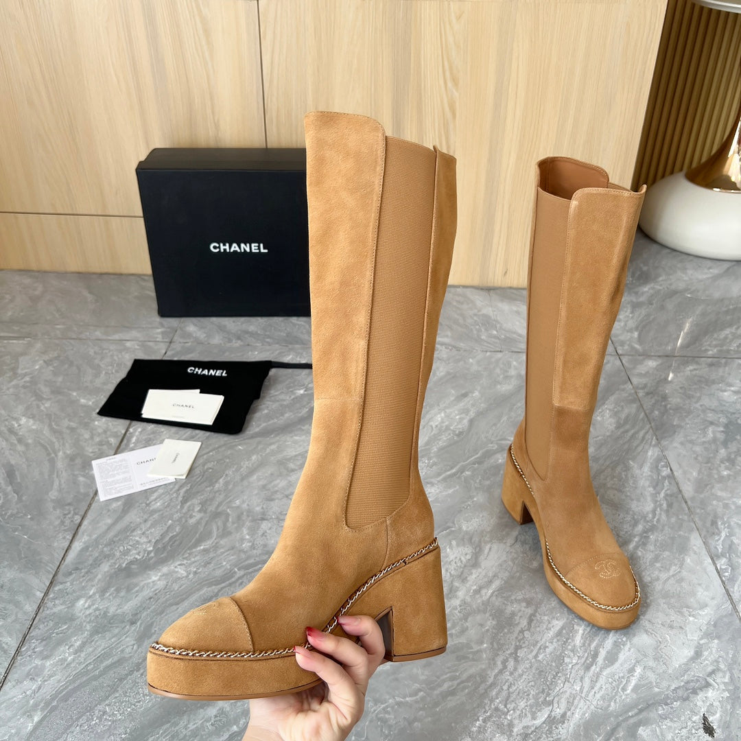 CHANEL 25S HIGH BOOTS STRETCHY SHAFT 85MM IN CARAMEL SUEDE GOLD HARDWRE - 35